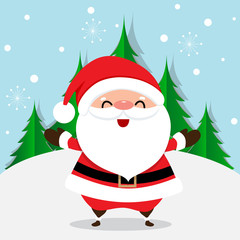 Christmas Greeting Card with Christmas Santa Claus and Christmas tree. Vector illustration