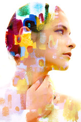 Obraz premium Paintography. Double Exposure portrait of a young beautiful woman combined with hand drawn ink painting