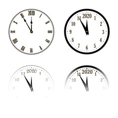 Happy New year 2020. Transparent clock, arrows, isolated on white background. Blurred design holiday banner, Christmas celebration party, poster. Templates set for decoration card. Vector illustration