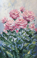 Oil painting. Pink roses in the garden