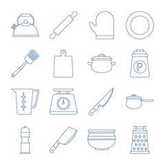 Kitchen utensil collection in vector line style. Isolated set