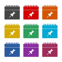 Calendar with Push Pin Button Color Icon Set isolated on white background