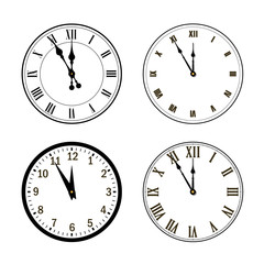 Happy New year 2020. Black clock, arrows, isolated on white background. Blurred design holiday banner, Christmas celebration party, poster. Templates set for decoration card. Vector illustration