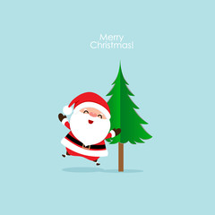 Christmas Greeting Card with Christmas Santa Claus and Christmas tree. Vector illustration