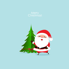 Christmas Greeting Card with Christmas Santa Claus and Christmas tree. Vector illustration