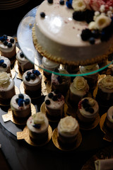 Blueberry with creme decorations wedding reception cake with small cupcakes for guests in Eastern European Baltic Riga Latvia
