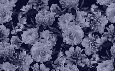Beautiful flowers peonies and tulips. Black and white. Fashion seamless background.