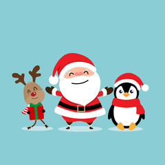 Holiday Christmas greeting card with Santa Claus, reindeer and Penguin cartoon. Vector illustration