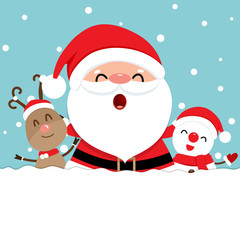 Holiday Christmas greeting card with Santa Claus, reindeer, and Snowman. Vector illustration