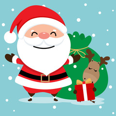 Holiday Christmas greeting card with Santa Claus, and reindeer. Vector illustration