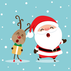Holiday Christmas greeting card with Santa Claus, and reindeer. Vector illustration