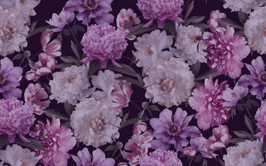 Fototapeta premium Beautiful flowers peonies and tulips on black. Fashion seamless background.