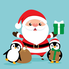 Holiday Christmas greeting card with Santa Claus, and Penguins cartoon. Vector illustration