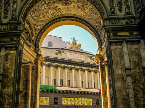 NAPLES, ITALY - AUGUST 17, 2011 - The Real Teatro di San Carlo (Royal Theater of St. Charles) as seen from the Galleria Umberto I on the 150th anniversary of the Unity of Italy (1861-2011).