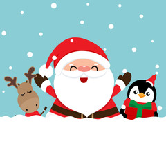 Holiday Christmas greeting card with Santa Claus, reindeer and Penguin cartoon. Vector illustration