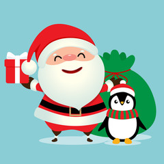 Holiday Christmas greeting card with Santa Claus, and Penguin cartoon. Vector illustration