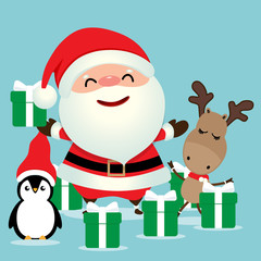 Holiday Christmas greeting card with Santa Claus, reindeer and Penguin cartoon. Vector illustration