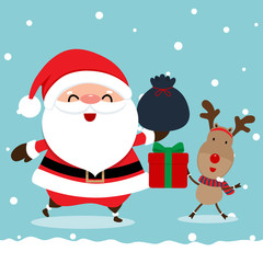 Holiday Christmas greeting card with Santa Claus, and reindeer. Vector illustration