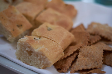 Focaccia bread and bread croutons