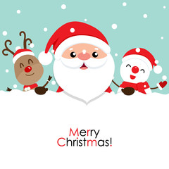 Holiday Christmas greeting card with Santa Claus, reindeer, and Snowman. Vector illustration