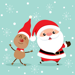 Holiday Christmas greeting card with Santa Claus, and reindeer. Vector illustration