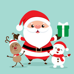 Holiday Christmas greeting card with Santa Claus, reindeer, and Snowman. Vector illustration