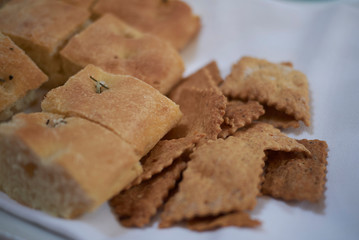 Focaccia bread and bread croutons