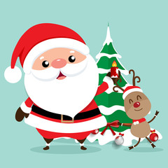 Holiday Christmas greeting card with Santa Claus, and reindeer. Vector illustration