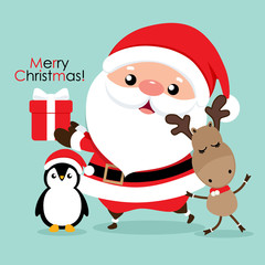 Holiday Christmas greeting card with Santa Claus, reindeer and Penguin cartoon. Vector illustration