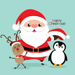Holiday Christmas greeting card with Santa Claus, reindeer and Penguin cartoon. Vector illustration