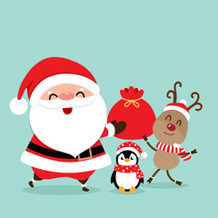Holiday Christmas greeting card with Santa Claus, reindeer and Penguins cartoon. Vector illustration