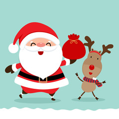 Holiday Christmas greeting card with Santa Claus, and reindeer. Vector illustration