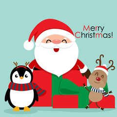 Holiday Christmas greeting card with Santa Claus, reindeer and Penguin cartoon. Vector illustration