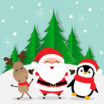 Holiday Christmas greeting card with Santa Claus, reindeer and Penguin cartoon. Vector illustration