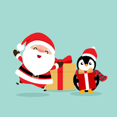 Holiday Christmas greeting card with Santa Claus, and Penguin cartoon. Vector illustration