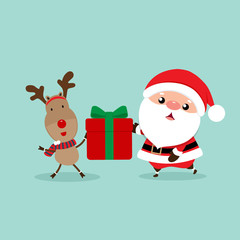 Holiday Christmas greeting card with Santa Claus, and reindeer. Vector illustration