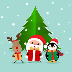 Holiday Christmas greeting card with Santa Claus, reindeer and Penguin cartoon. Vector illustration