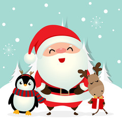Holiday Christmas greeting card with Santa Claus, reindeer and Penguin cartoon. Vector illustration