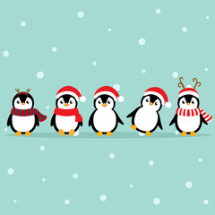 Holiday Christmas greeting card with Penguins cartoon. Vector illustration