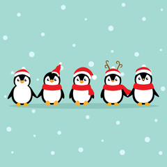 Holiday Christmas greeting card with Penguins cartoon. Vector illustration