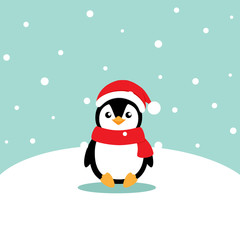 Holiday Christmas greeting card with Penguin cartoon. Vector illustration