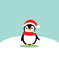 Holiday Christmas greeting card with Penguin cartoon. Vector illustration