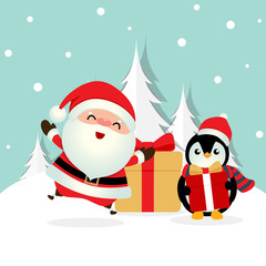 Holiday Christmas greeting card with Santa Claus, and Penguin cartoon. Vector illustration