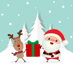 Holiday Christmas greeting card with Santa Claus, and reindeer. Vector illustration