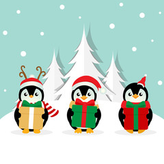 Holiday Christmas background with Penguins cartoon. Vector illustration