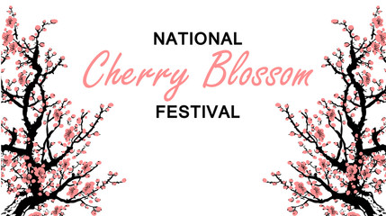 Cherry blossom event template with hand drawn branch with pink cherry flowers blooming. Sakura blossoming festival banner. Chinese or Japanese traditional drawing - Vector