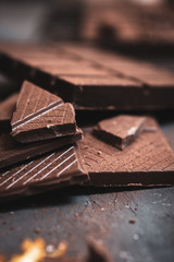 Dark chocolate pieces and powder