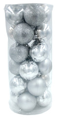 Christmas and new year silver shiny toys for fir tree or any other decorations in a cylinder