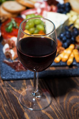 glass of red wine and a platter of delicious cheeses, fruits and meats, closeup
