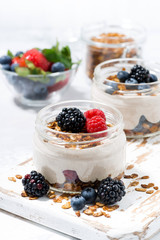 healthy creamy dessert with fresh berries on white cutting board